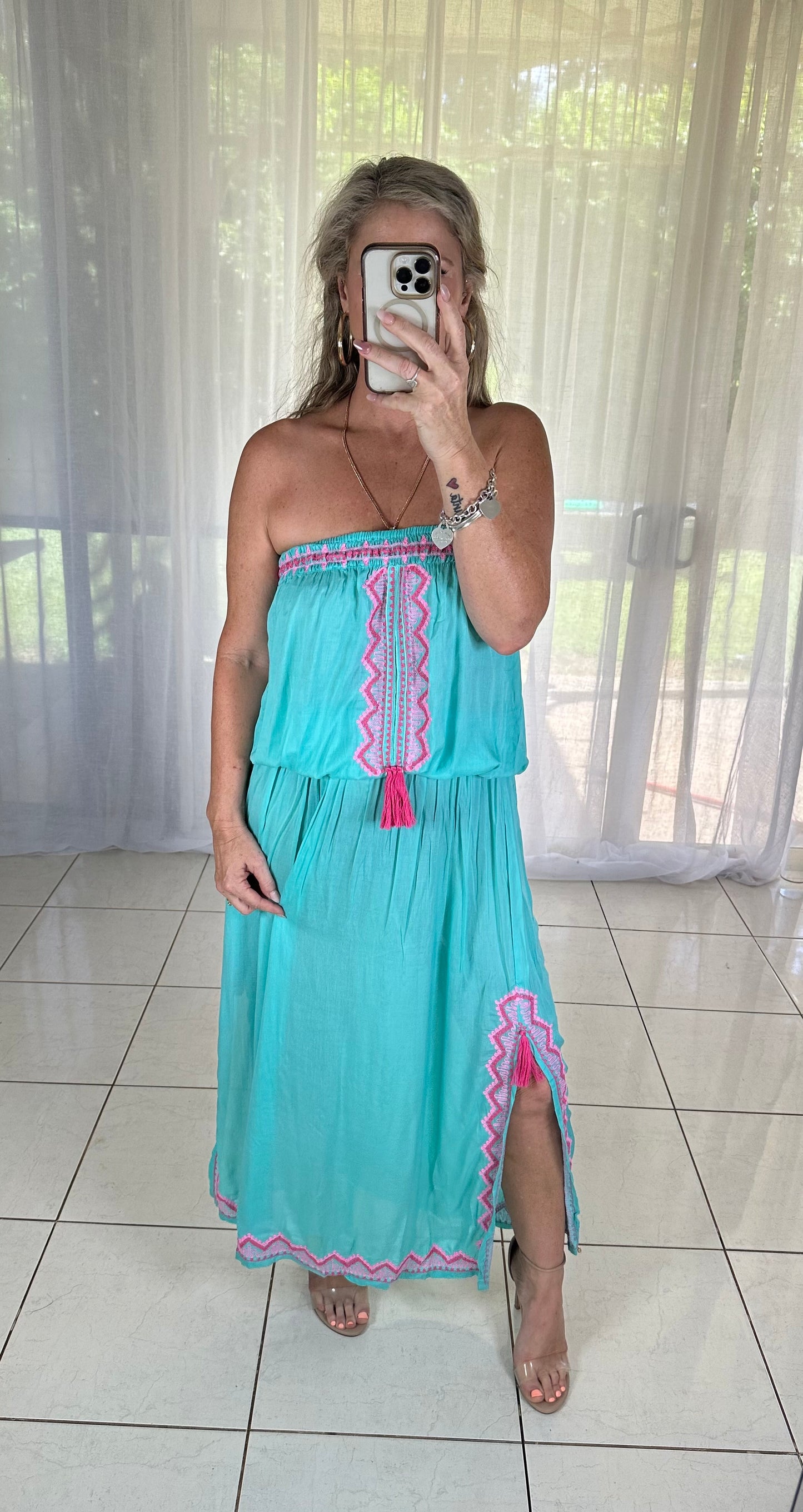 Strapless Embroidered maxi Dress - Aqua