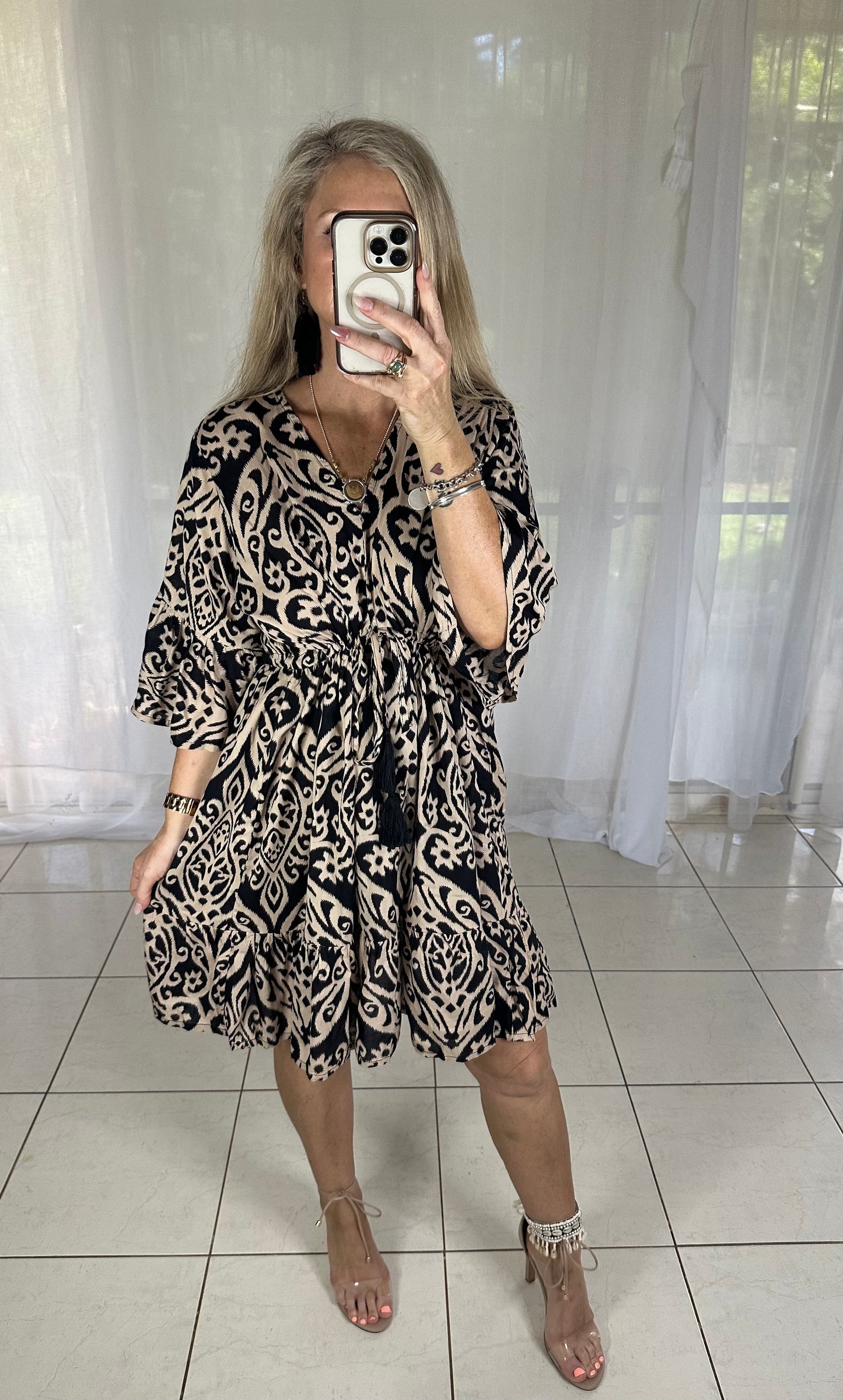 Tie Bust Shift Dress with tassels - Tan + Black