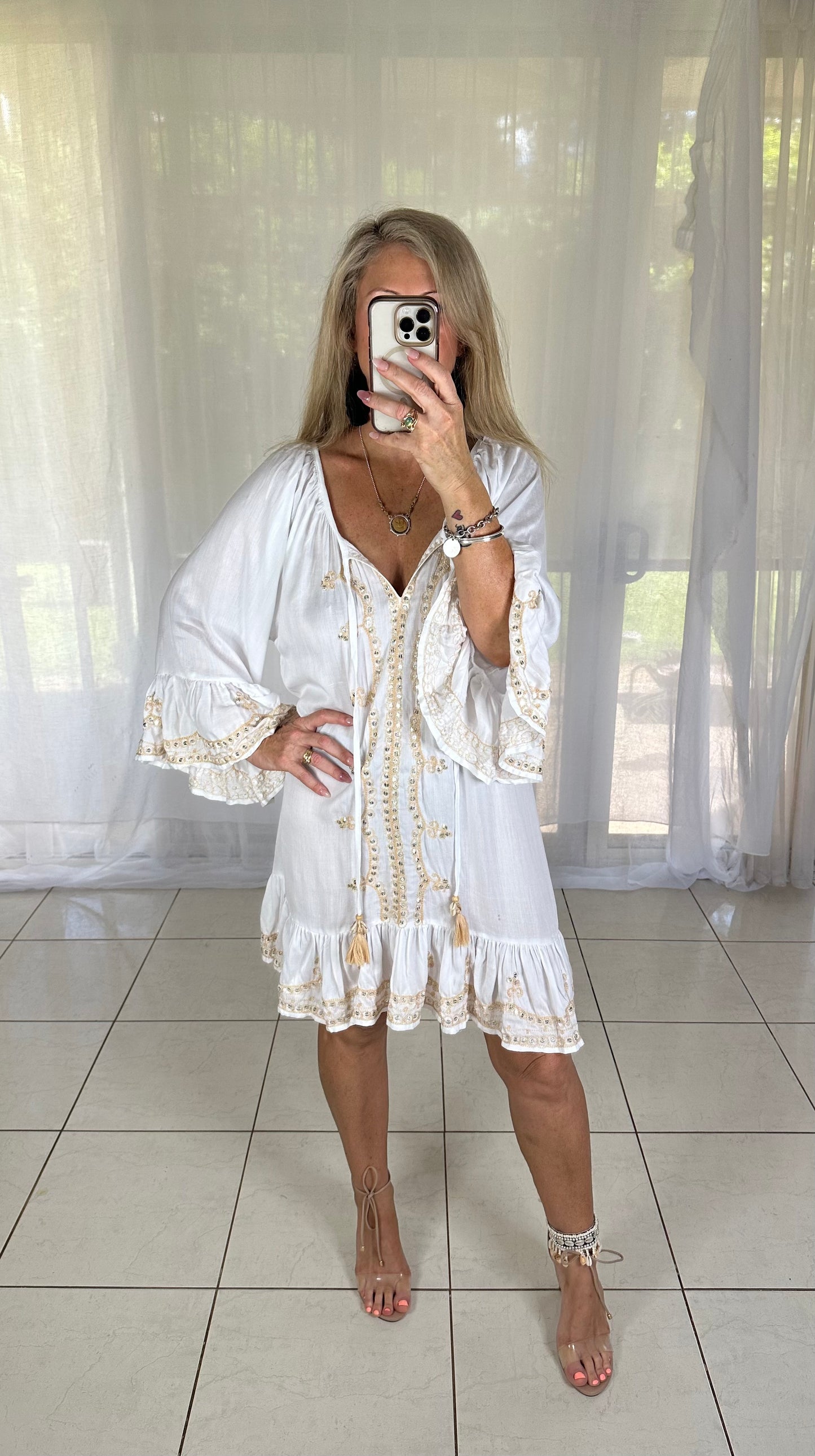 Sequin Tassel Dress - White + Beige Embroidery