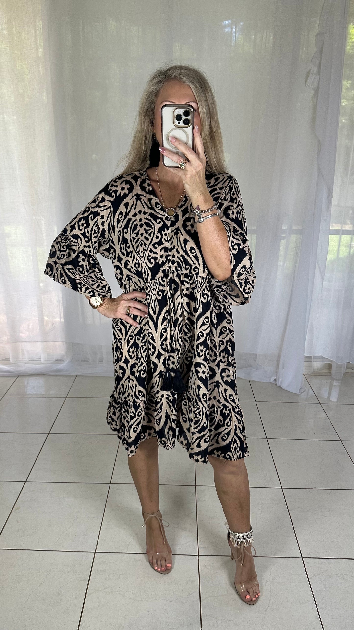 Tie Bust Shift Dress with tassels - Tan + Black