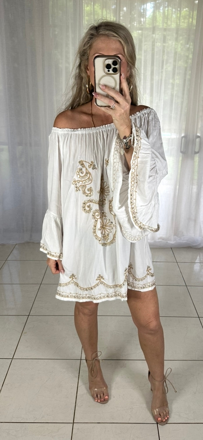 Sequin Dress - White + Beige embroidery
