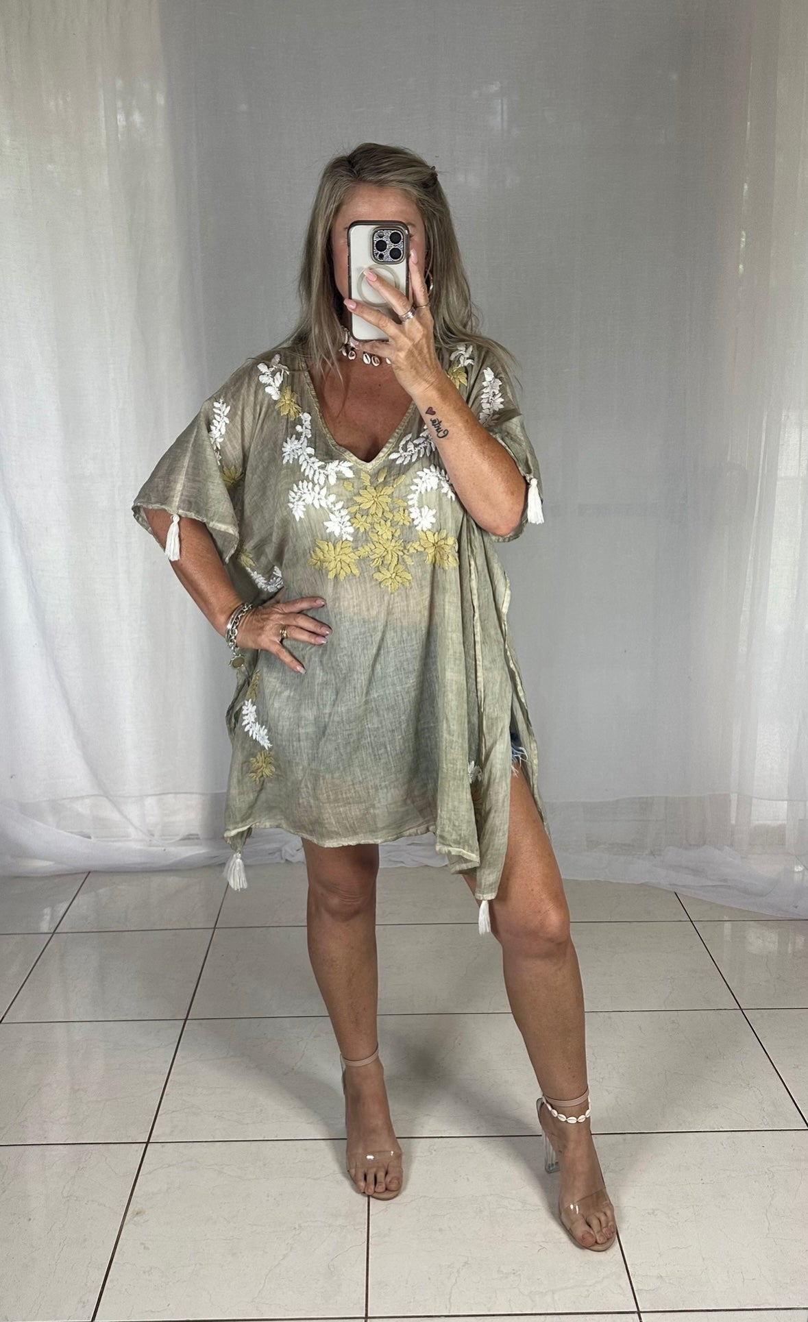 Kaftan Short - Beige + Tassels & embroidery