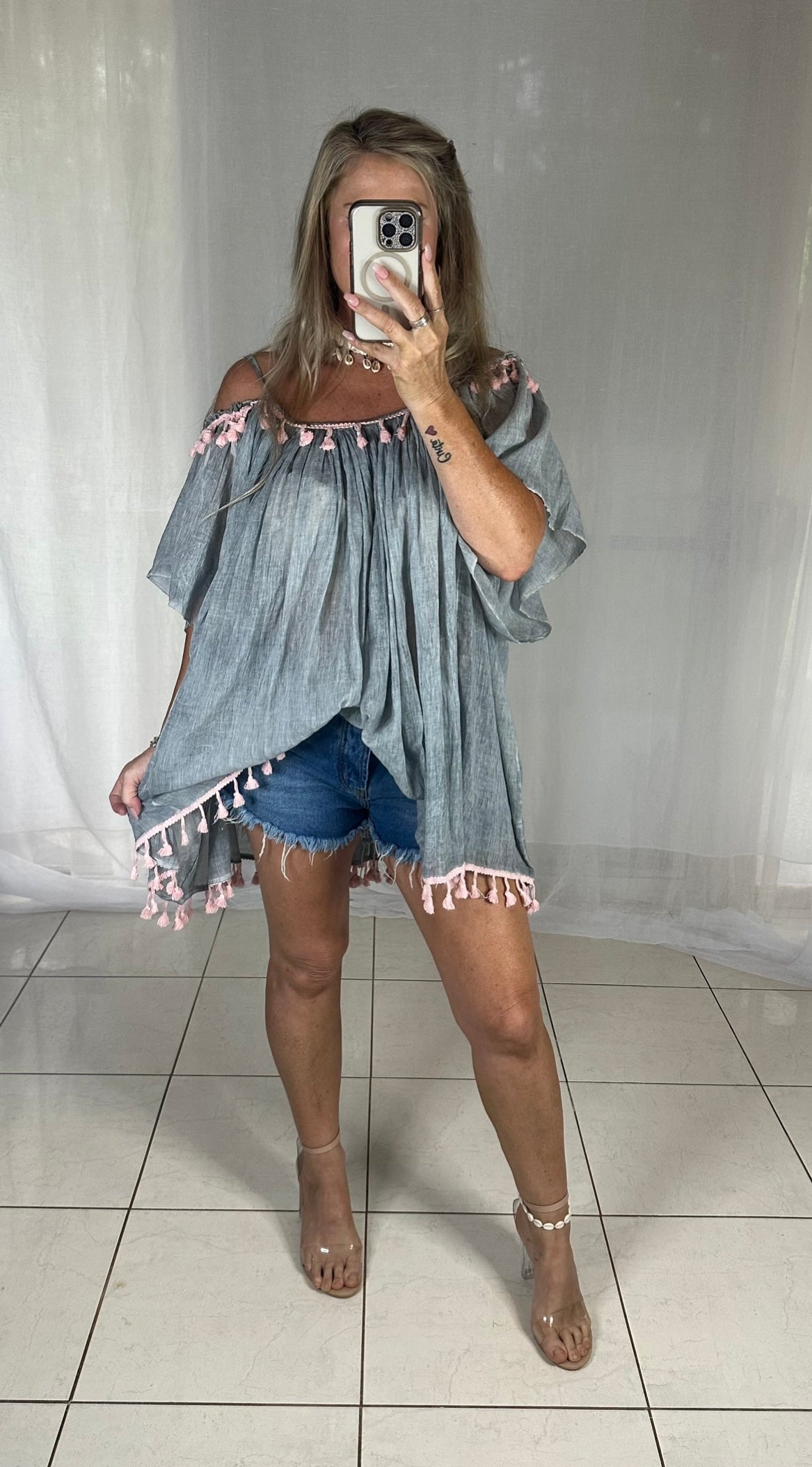 Kaftan Short - Cold Shoulder Grey + Pink Pom Poms