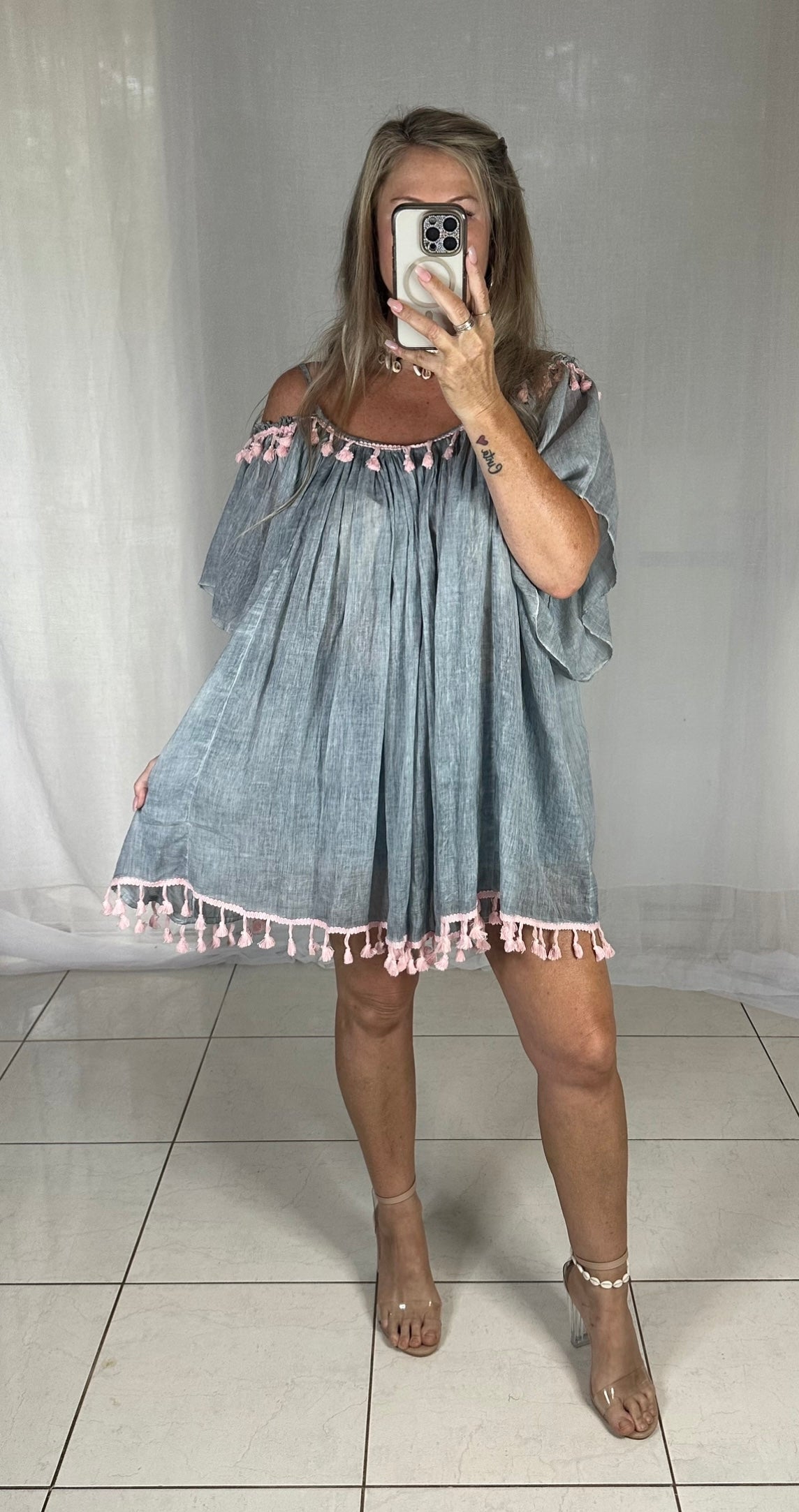 Kaftan Short - Cold Shoulder Grey + Pink Pom Poms