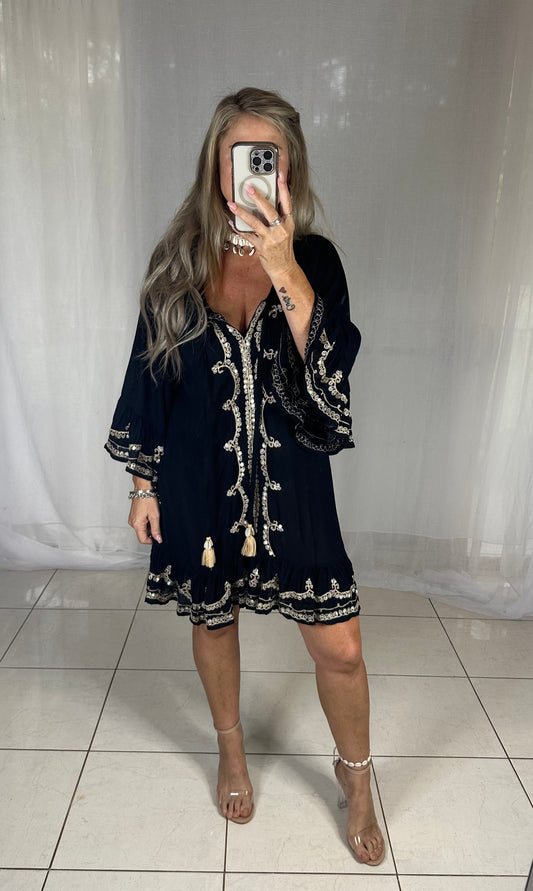 Sequin Tassel Dress - Black + Beige embroidery