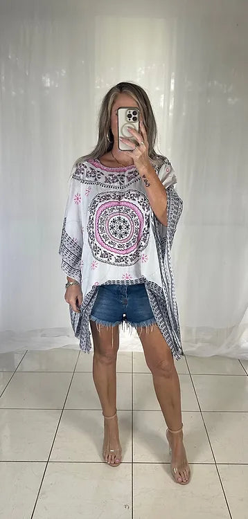 Kaftan Short Sequins - Black + White + Pink