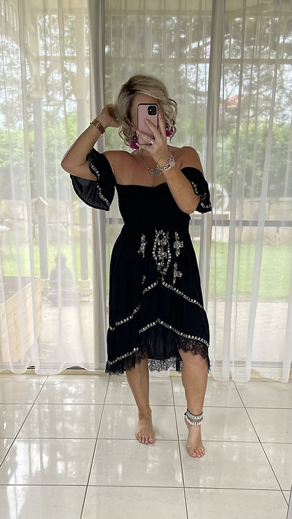 Embroidered Sequin- mini Dress - Black