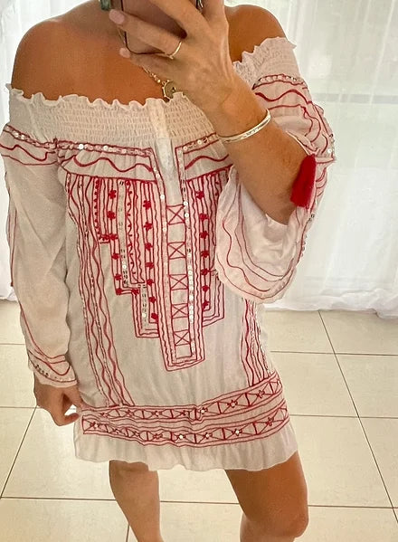 Mirror Sequin Mini Dress - White + Red ** discontinued