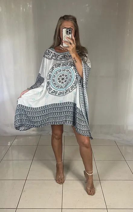 Kaftan Short Sequins - Black + White + Aqua