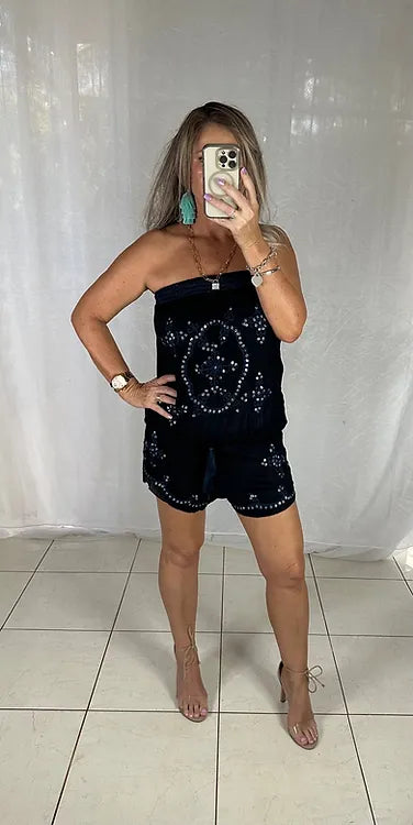 Sequin Playsuit - Black + Blue