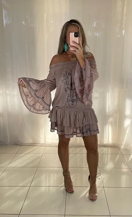 Sequin Ruffle Dress - Blush 10-14 (elastic waist)