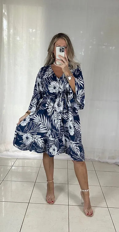 Isla Tie Bust Dress - Navy Floral Palm