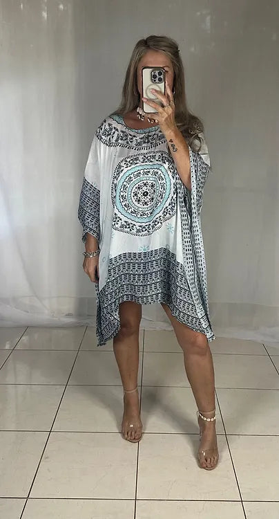 Kaftan Short Sequins - Black + White + Aqua