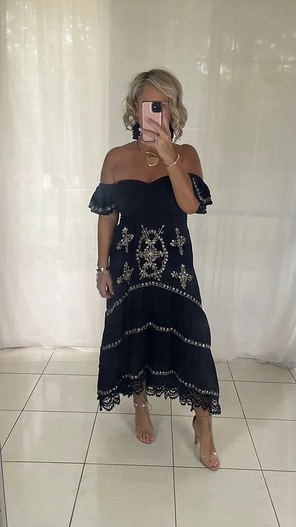 Embroidered Sequin - Maxi Dress - Black