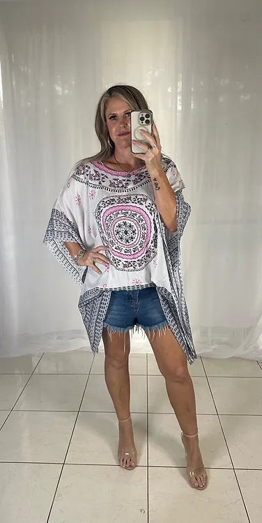 Kaftan Short Sequins - Black + White + Pink