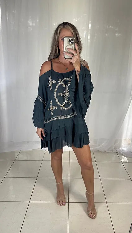 Embroidered Sequin Cold Shoulder Dress - Grey
