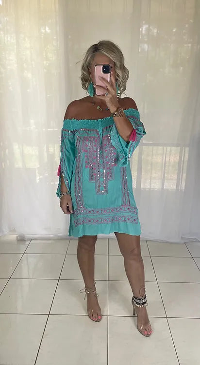 Mirror Sequin Mini Dress - Aqua + Pink ** disc