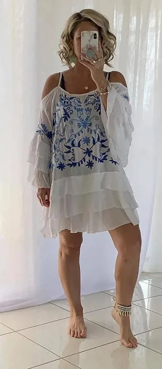 Embroidered Cold Shoulder Dress - White + Blue