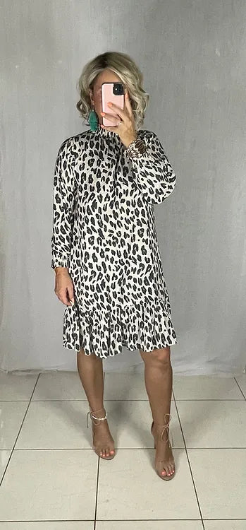 High Neck Shift Dress - Cream Leopard