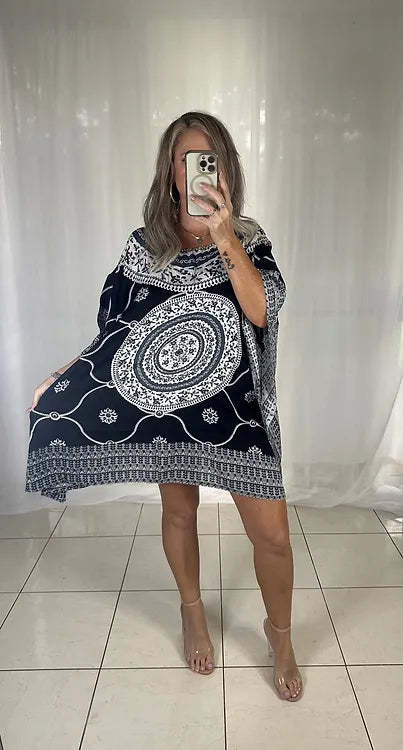 Kaftan Short Sequins - Black + White + Blue