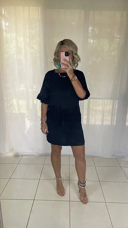 Larnie tie waist Shift Dress ruffle sleeve - Black ..discontinued