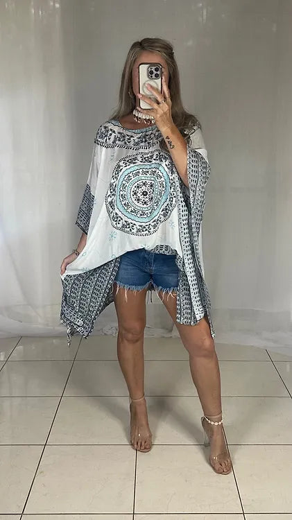 Kaftan Short Sequins - Black + White + Aqua