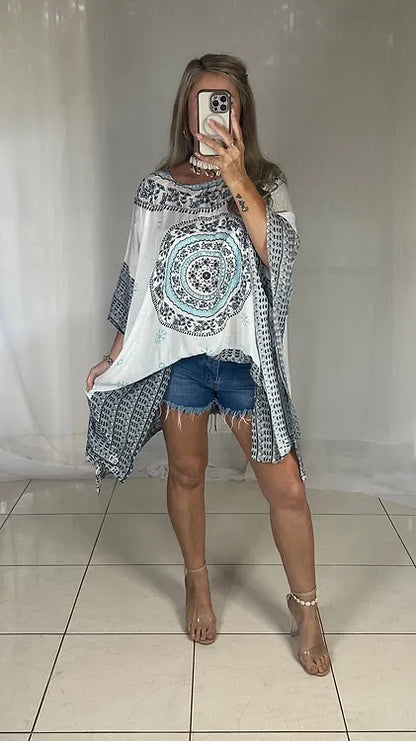 Kaftan Short Sequins - Black + White + Aqua