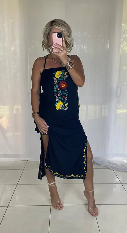 Embroidered Maxi Dress - Black