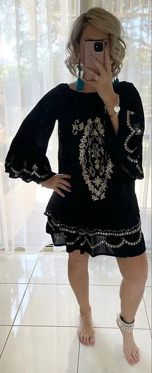 Sequin Ruffle Dress - Black Lace waist beige embroidery