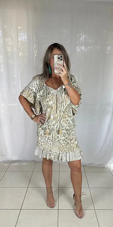 Sequin Dress- Elastic waist lemon leopard