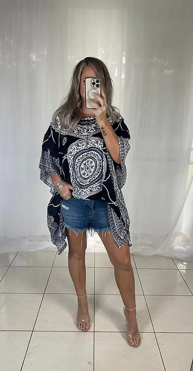 Kaftan Short Sequins - Black + White + Blue