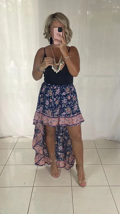 Daphne Skirt hi lo thin waistband - Navy + Pink