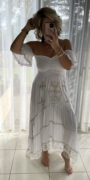Embroidered Sequin - Maxi Dress - White