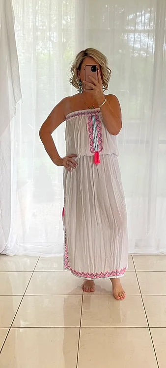Strapless Embroidered maxi Dress - White