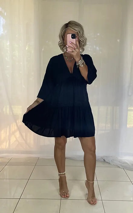 Santorini V Neck Shift Dress - Black