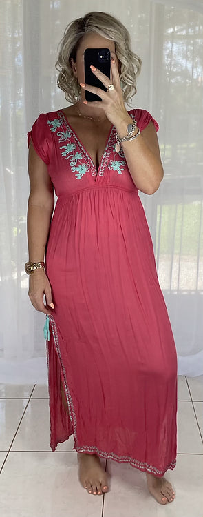 Embroidered Maxi Dress - Red