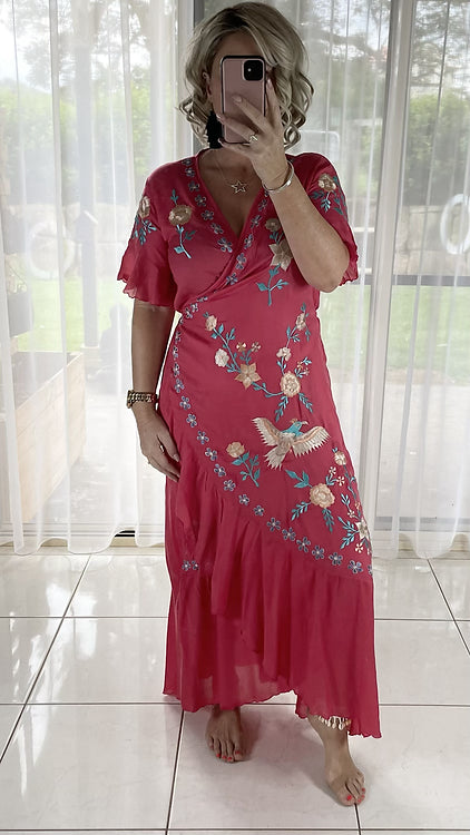 Embroidered Wrap Dress - Coral