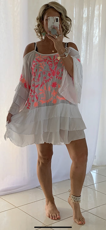 Embroidered Cold Shoulder Dress - White + Coral