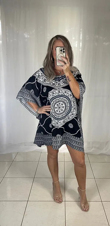 Kaftan Short Sequins - Black + White + Blue