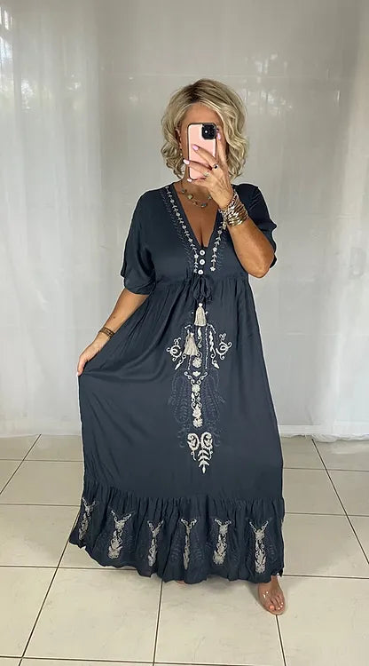 Embroidered Maxi Dress - Grey