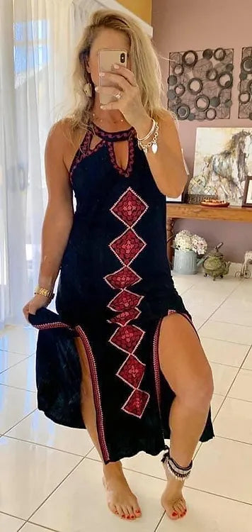 Embroidered Maxi Dress - Black + Pink
