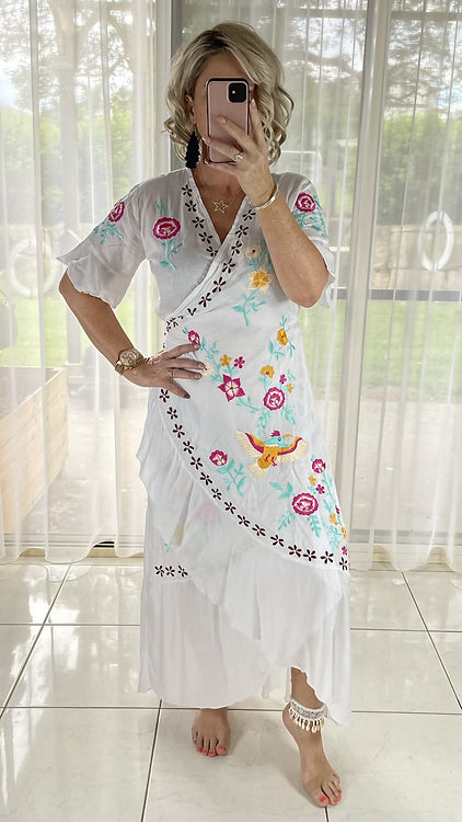 Embroidered Wrap Dress - White