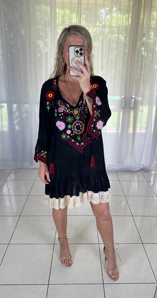 Embroidered Black Fringe Dress