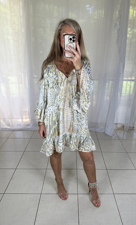 Sequin Tassel Dress - Lemon Leopard