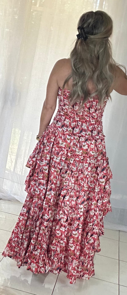 Blossom High Lo Ruffle Dress - Red/White