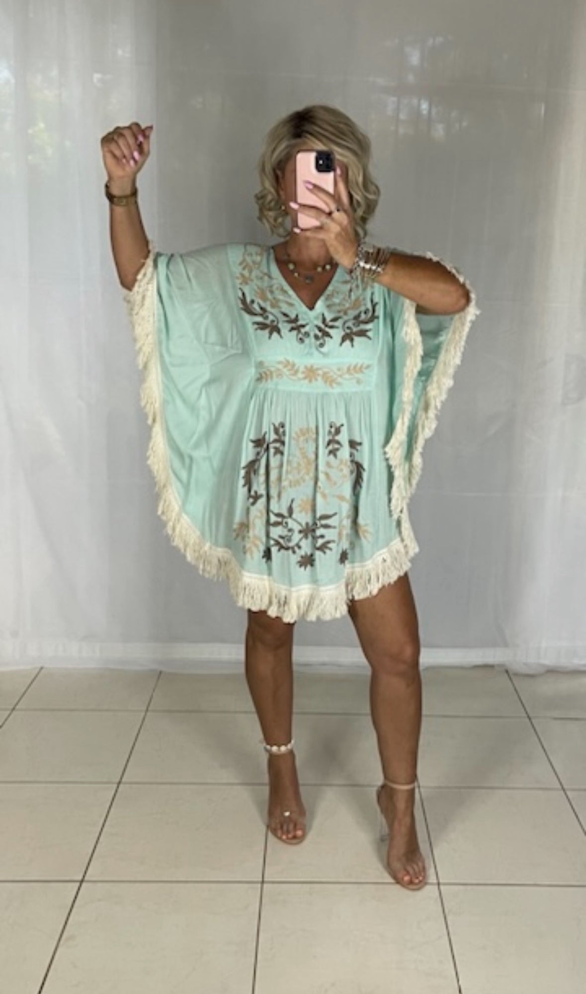 Embroidered Fringe Dress - Aqua