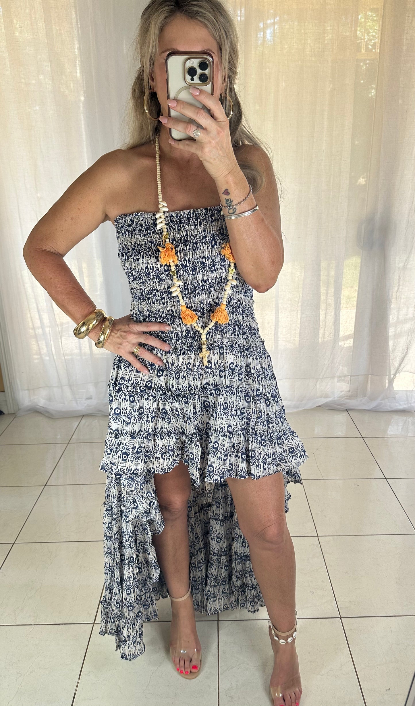 Blossom High Lo Ruffle Dress - Navy + White