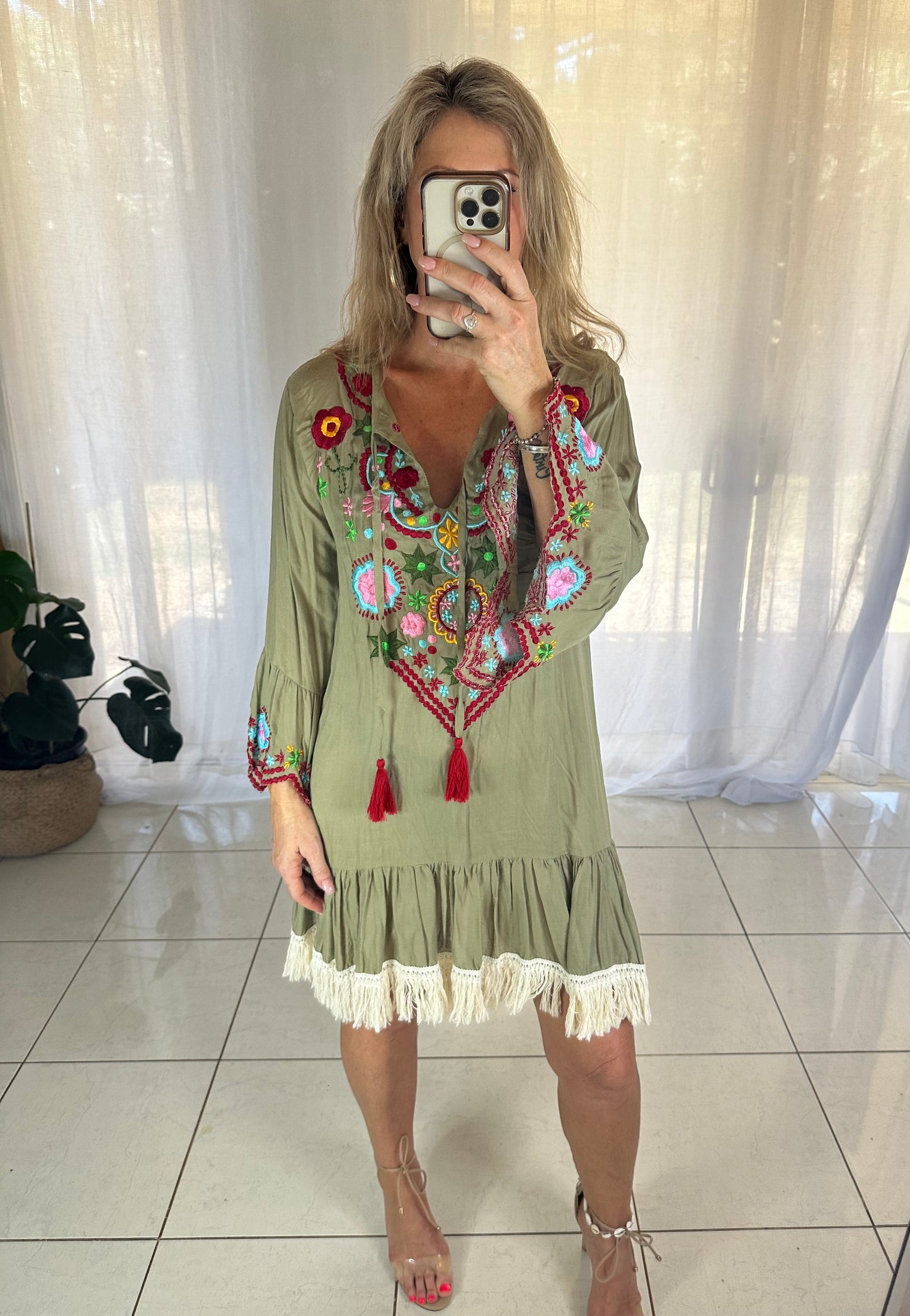 Embroidered Khaki Fringe Dress