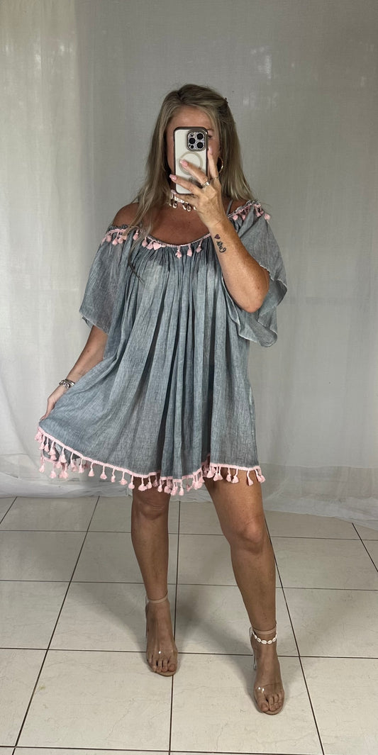 Kaftan Short - Cold Shoulder Grey + Pink Pom Poms