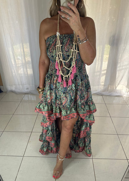 Blossom high Lo Ruffle Dress - Green + Coral